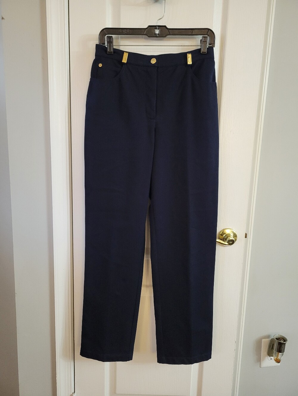St. John Sport Navy Blue Gold Hardware Cotton Stretch Straight Leg Pants Size 6